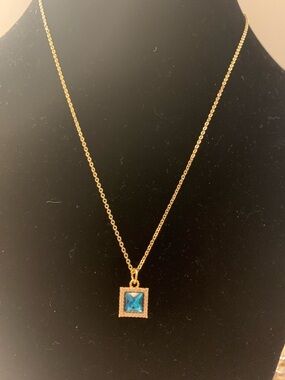 14k Gold plated Chain Necklace with Blue Square Cubic Zirconia Pendant